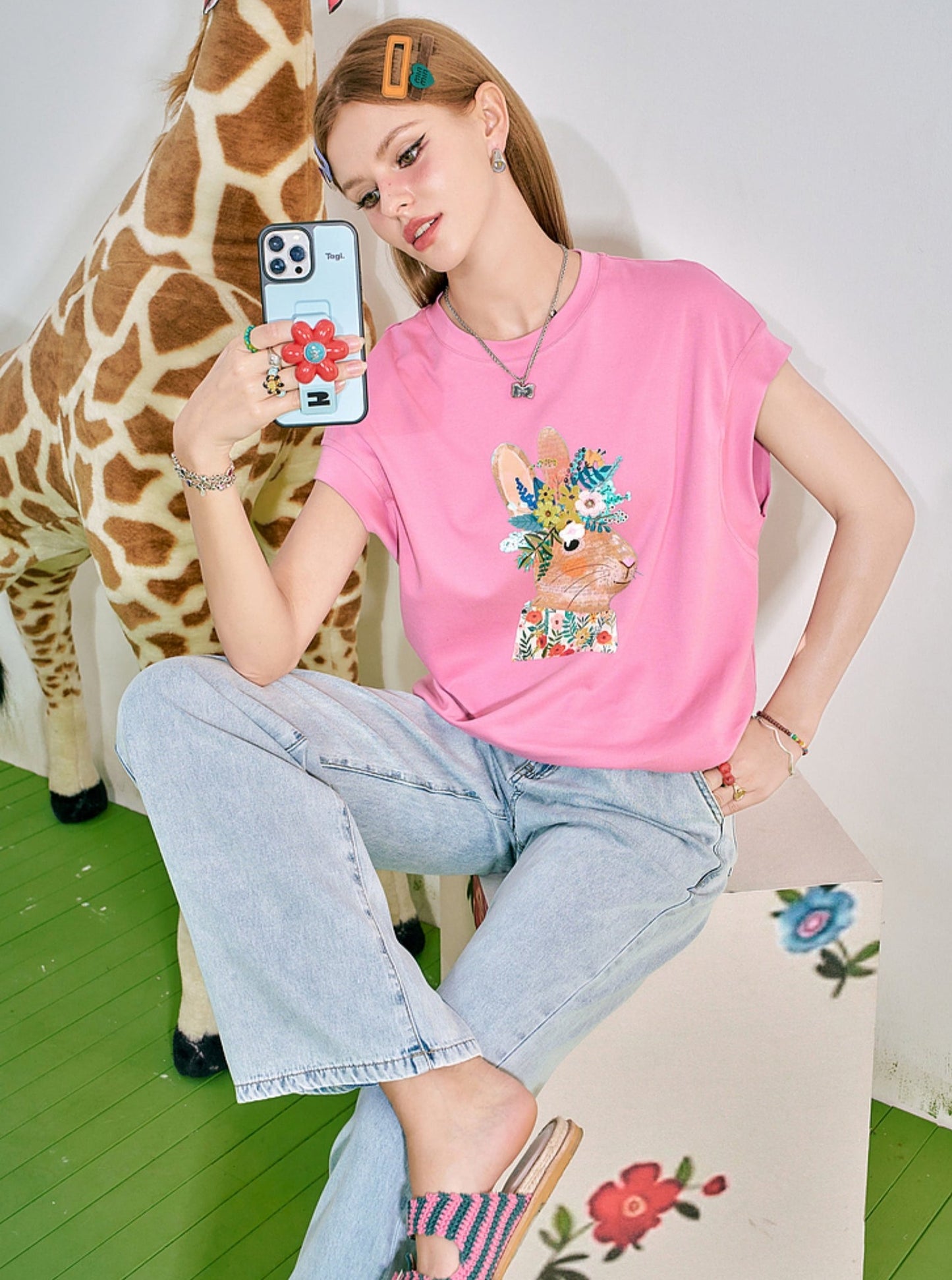 Bunny Print Loose Short Sleeve T-Shirt