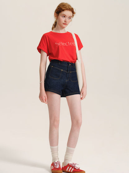 7.8 auf der neuen 85% aus rot Rundhalsausschnitt Schulter Kurzarm T-Shirt Frauen Sommer Dopamin Kontrast Brief Baumwolle Ernte Top