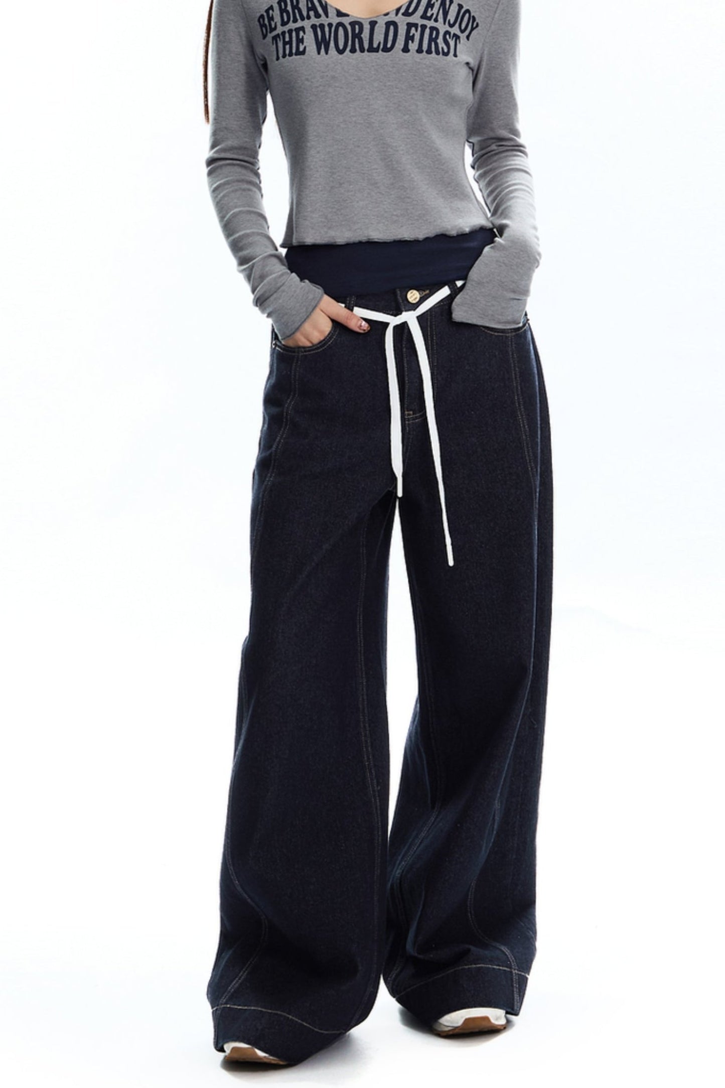 [New on September 19] APEA denim natural jeans women's retro contrast loose straight-leg wide-leg pants