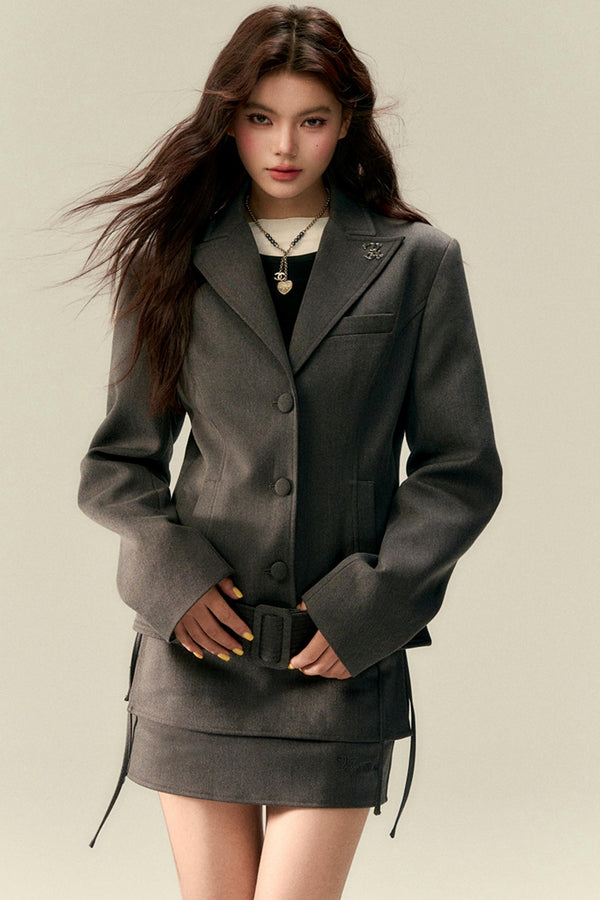 Wide Belt Cinched Denim Casual Jacket Set-Up