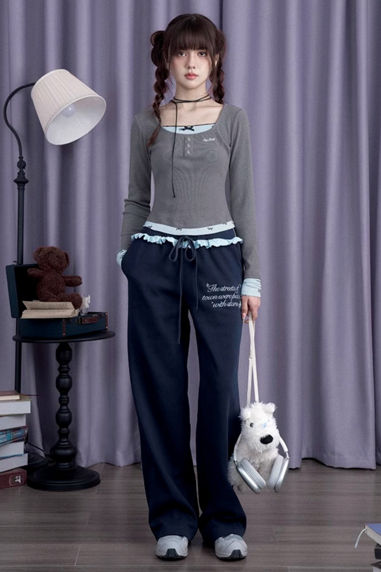 SagiDolls Girl's fighting spirit is sweet and versatile, gray and blue bow fake two long-sleeved T-shirts, slim and cute