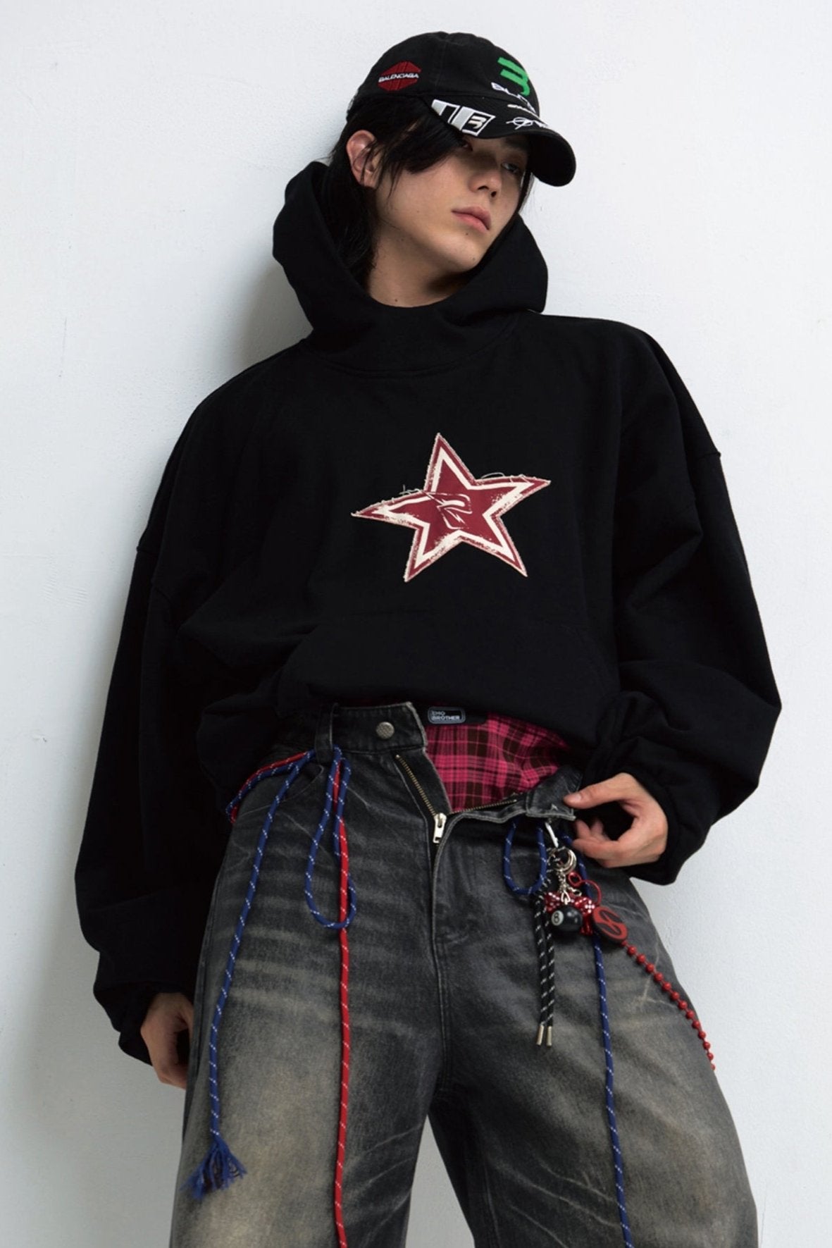 Loose Black Star Embroidered Hoodie Top