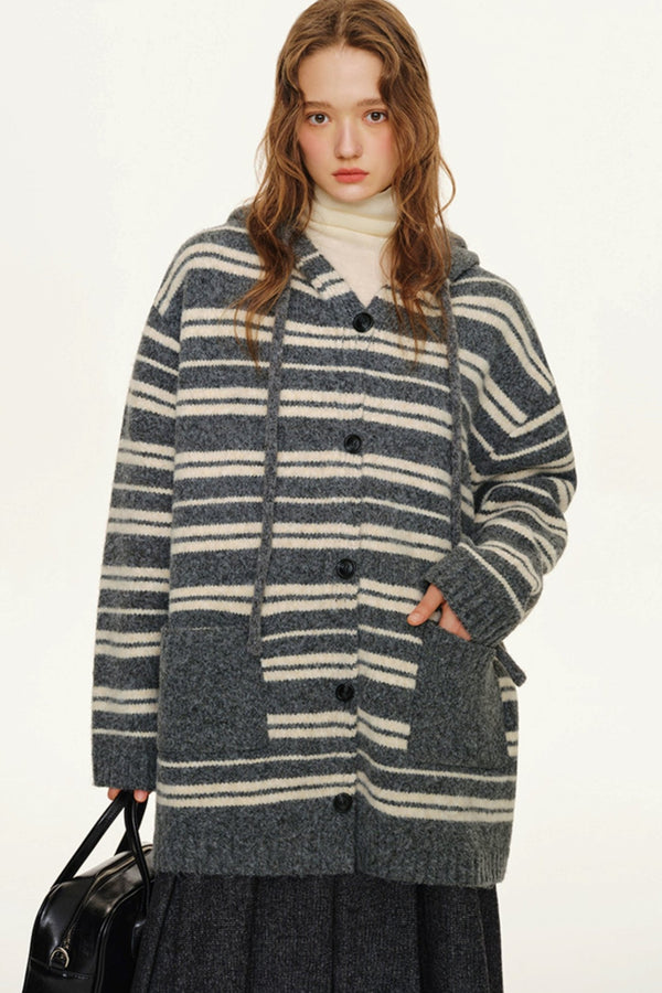 Striped Long-Sleeve Wool Cardigan