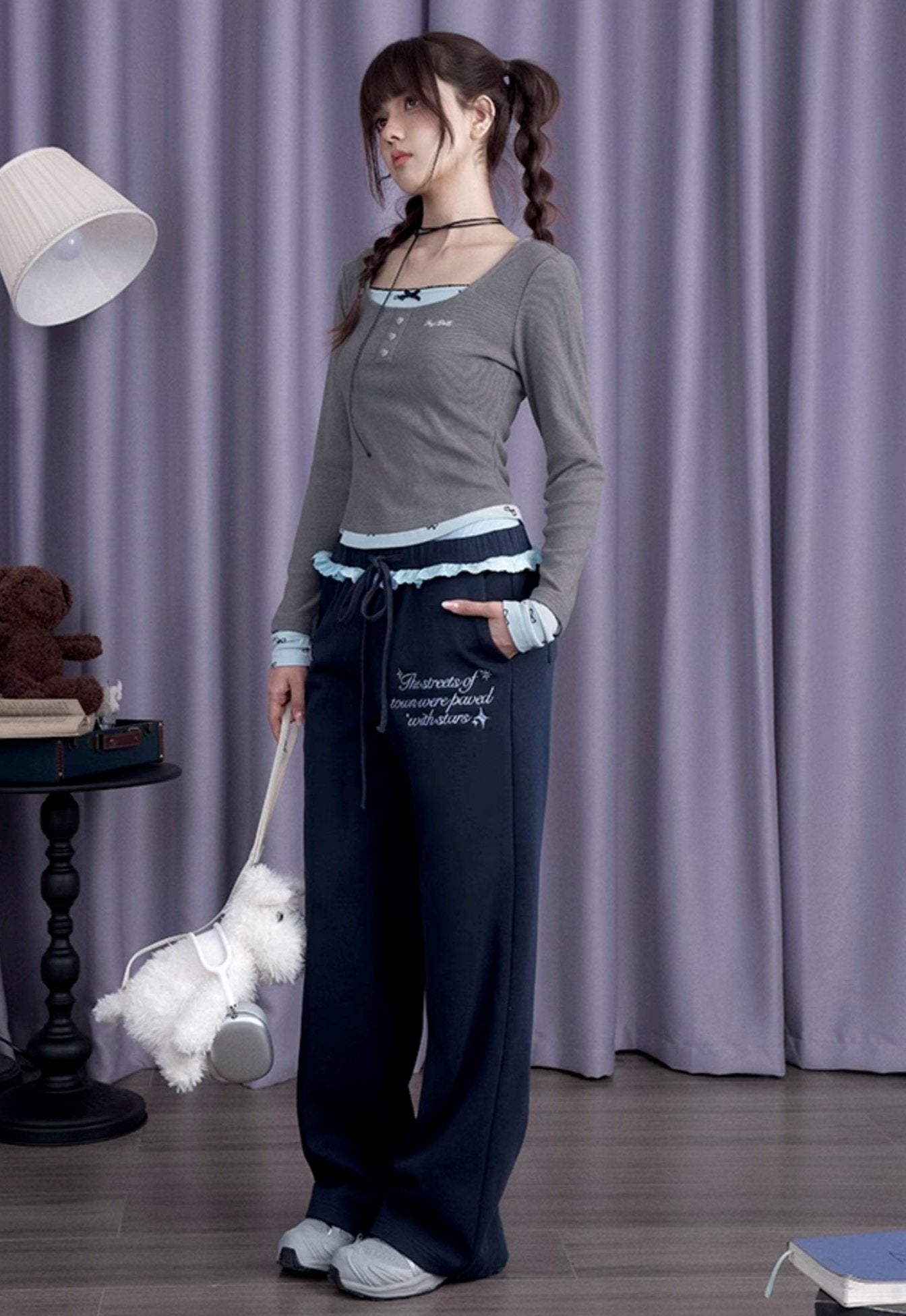 SagiDolls Girl's fighting spirit is sweet and versatile, gray and blue bow fake two long-sleeved T-shirts, slim and cute