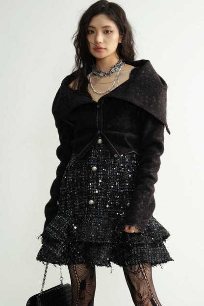 Mottled Black Micro Stretch Tweed Short Jacket