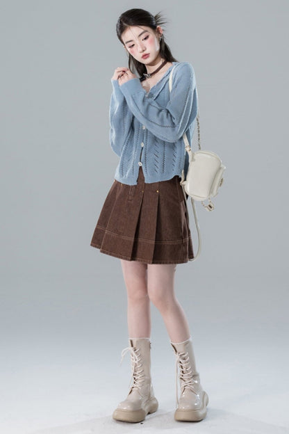 Sunset Brown Pleated Denim Skirt