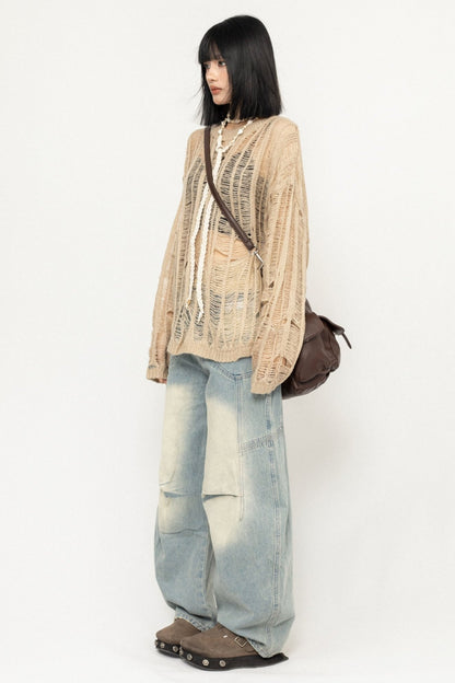 OCTTFLAB American high street stitched contrasting denim trousers design sense hot girl slim washed wide-leg trousers