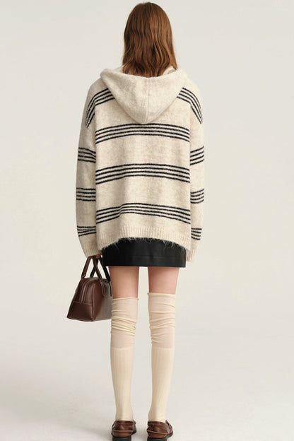 Slouchy Pinstripe Hooded Wool Cardigan