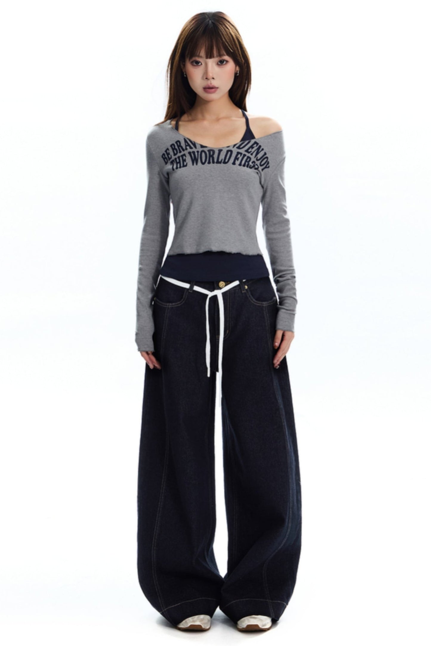 [New on September 19] APEA denim natural jeans women's retro contrast loose straight-leg wide-leg pants