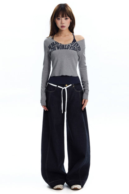 Natural Denim Wide-Leg Pants