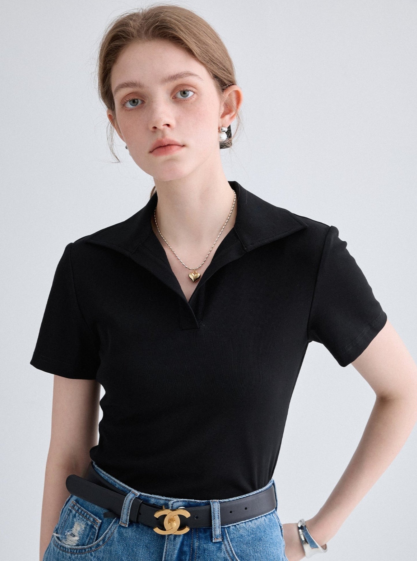 Solid Color Lapel Short Sleeve Top