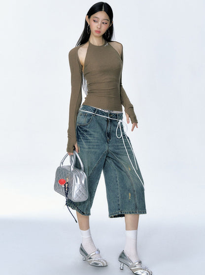 [Curriges Juli 9 New Arrival] retro distressed washed loose wide-leg babes denim cropped pants