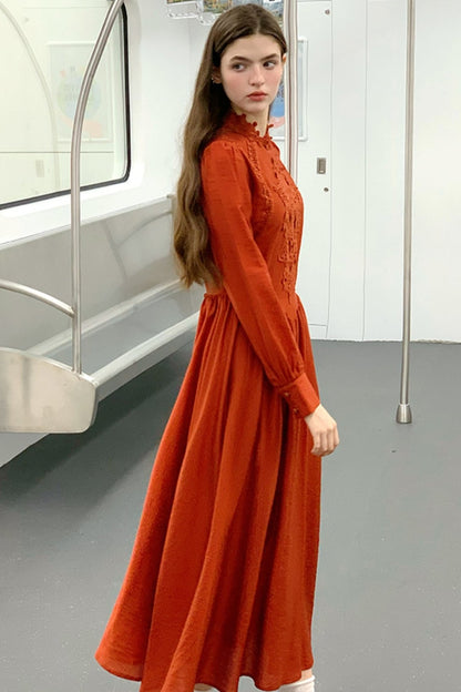 Design Retro Red Long Sleeve Dress