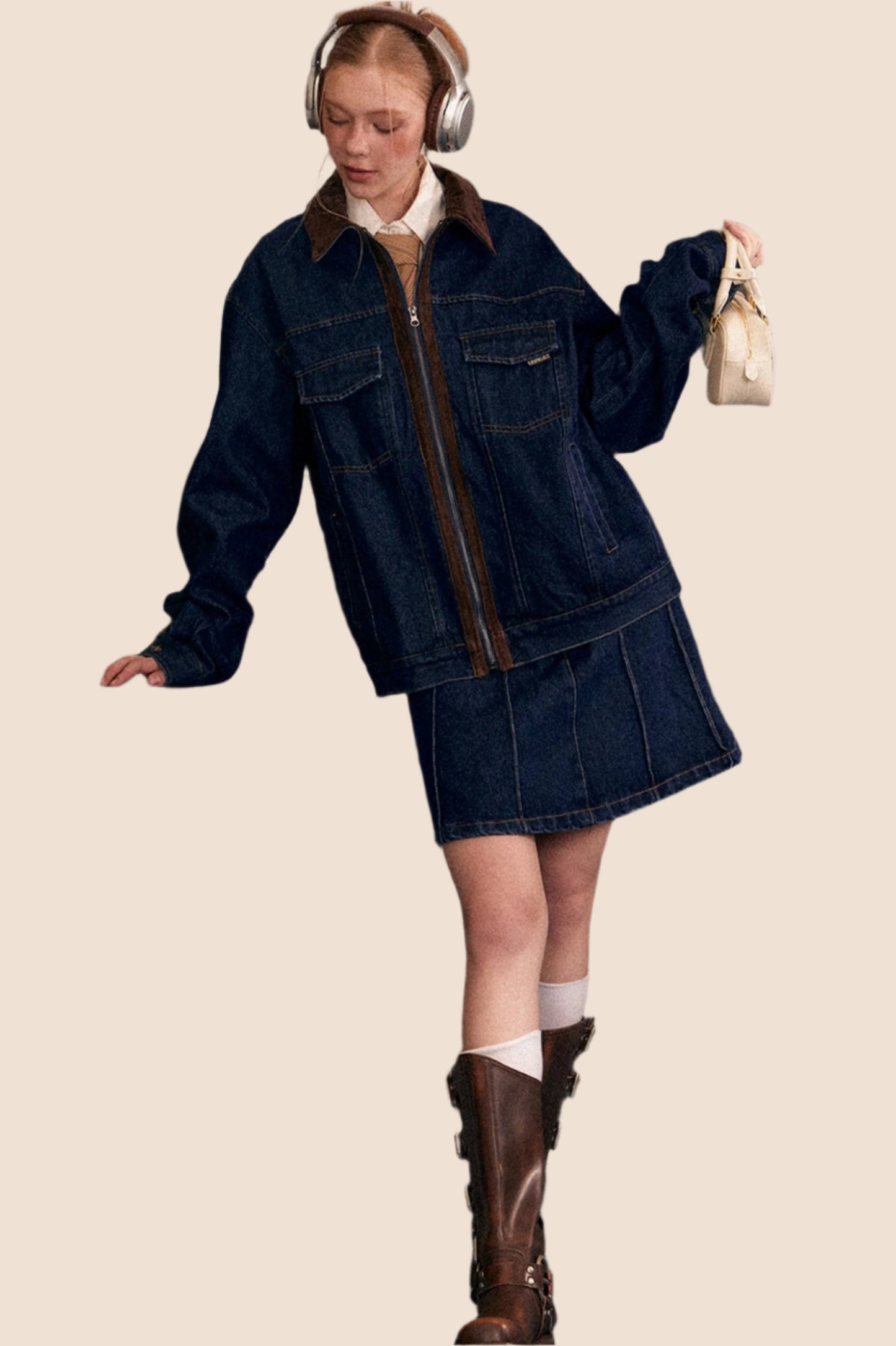 Casual Stitched Denim Jacket And Skirt Set-Up