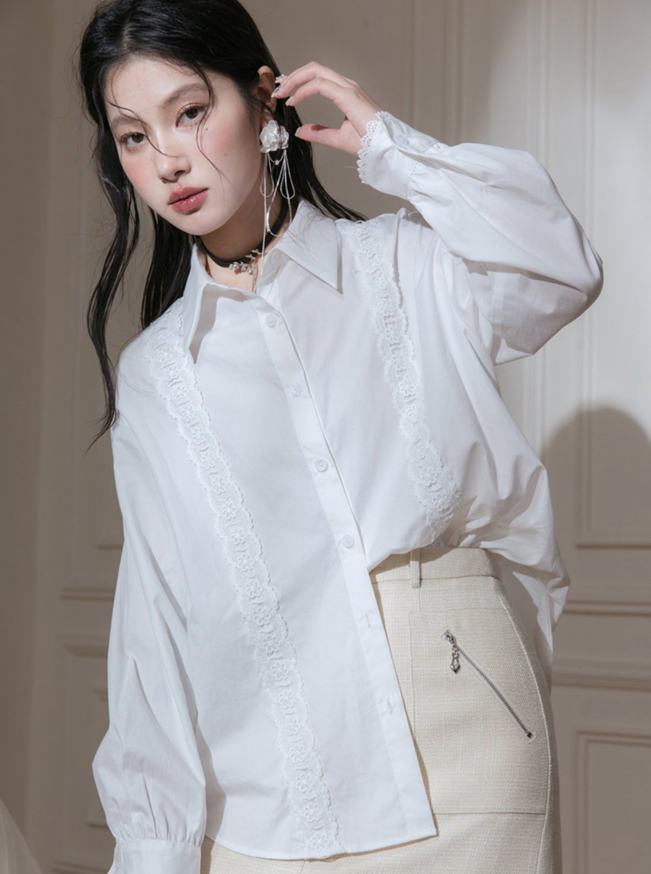 Jade White Lace Ribbon Shirt