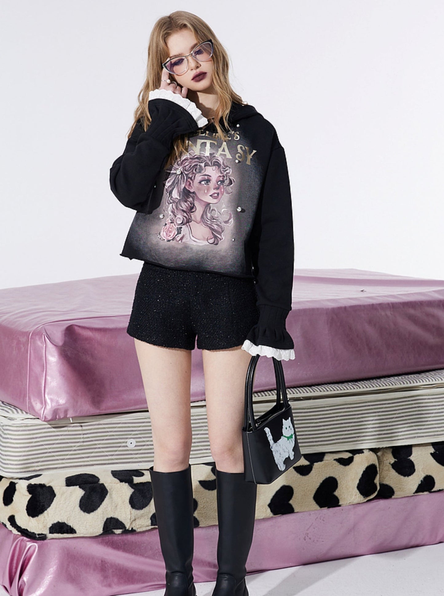 Stitching Print Black Hoodie Top