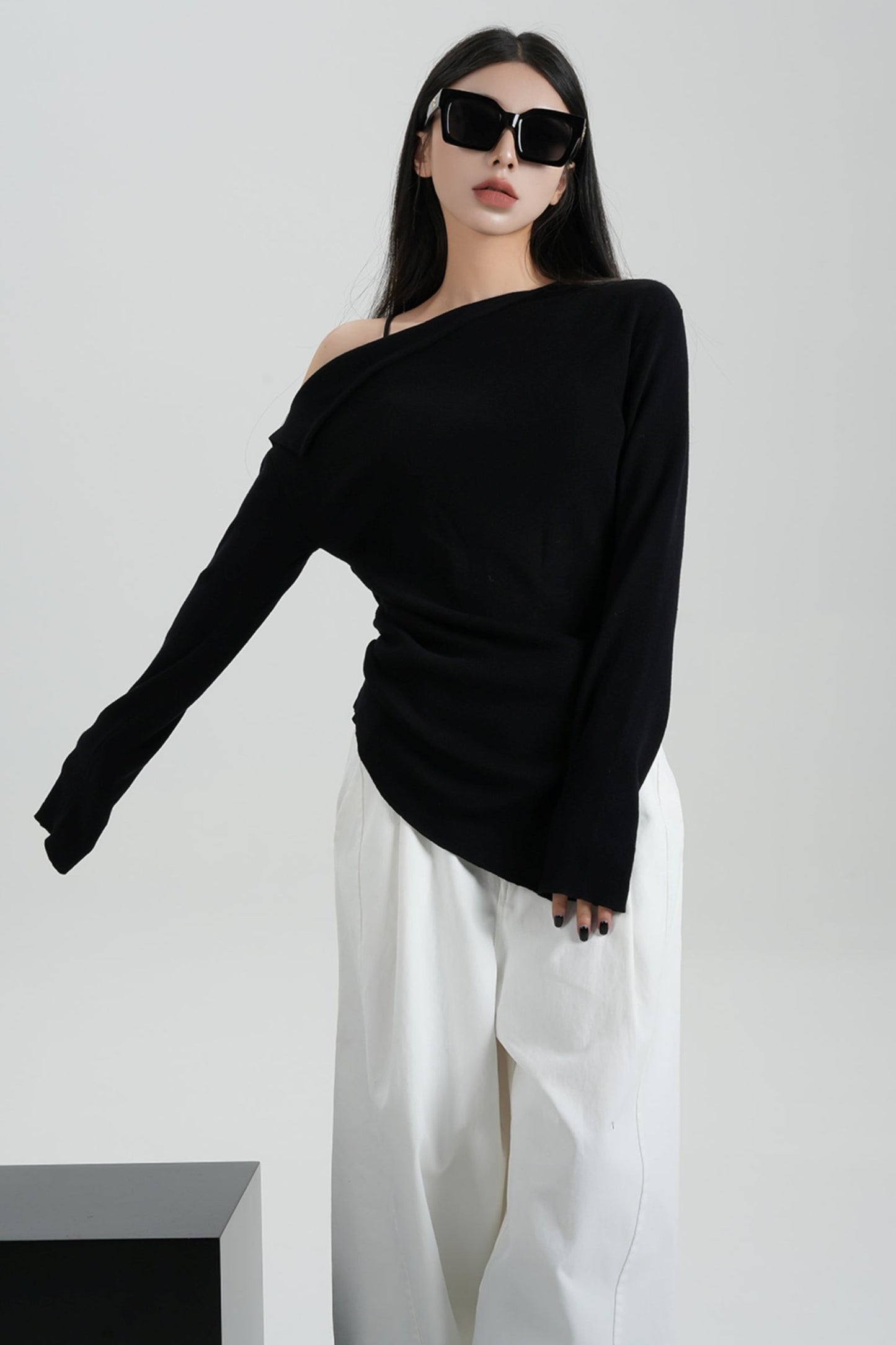 Straight Neckline Slanted Shoulder Sweater