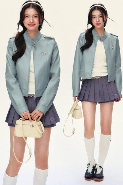 크롭 바이커 PU 가죽 재킷 