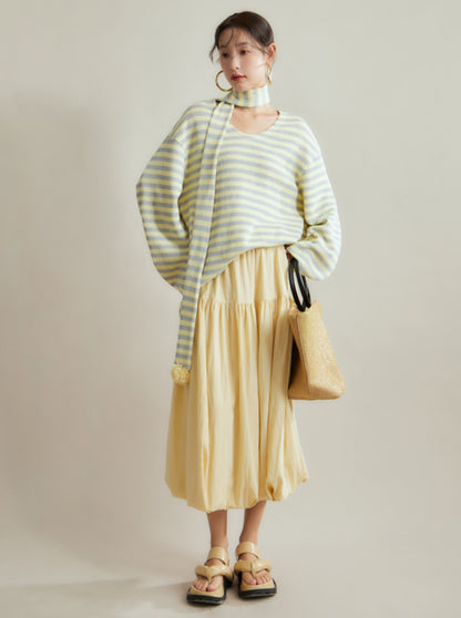 Contrast stripe scarf pullover knit top skirt set