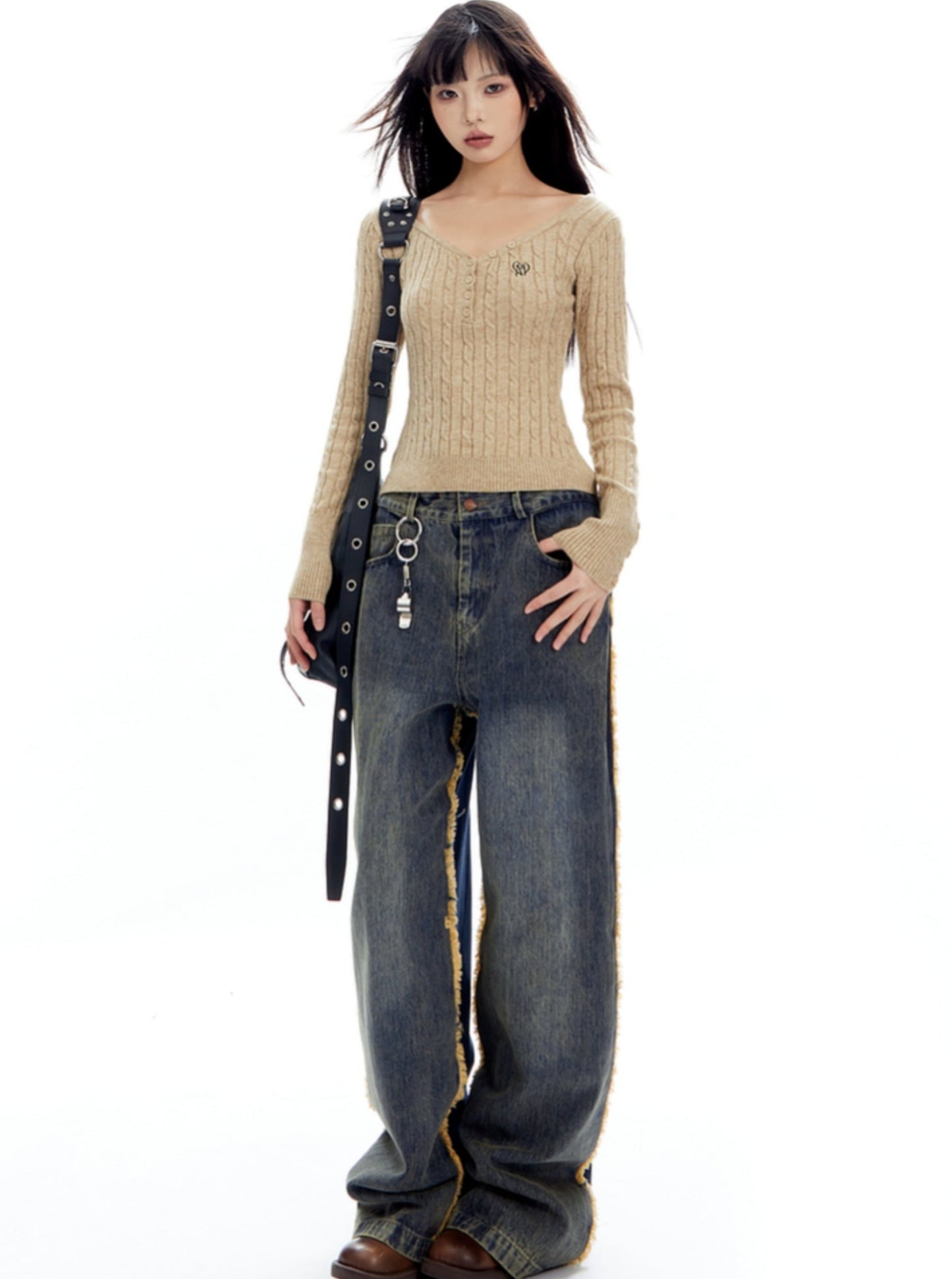 American Retro Cat Straight Stitched Pants