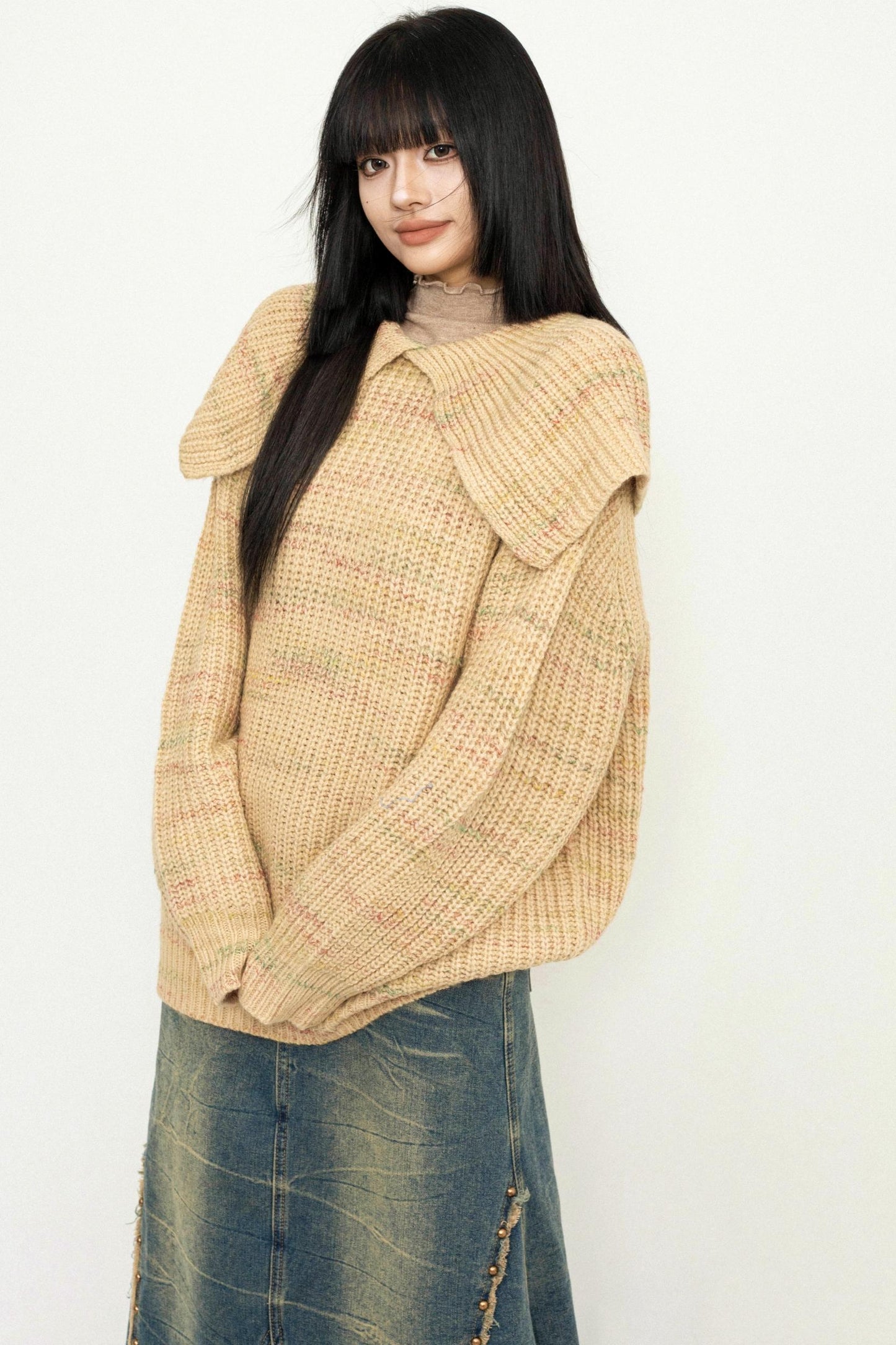 Wide Collar College Knit Sweater