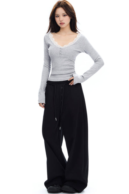 APEA American Retro Fake Placket Black Grey Straight Leg Sweatpants Women's Elasticated Waist Drawstring Loose Wide Leg Casual Pants