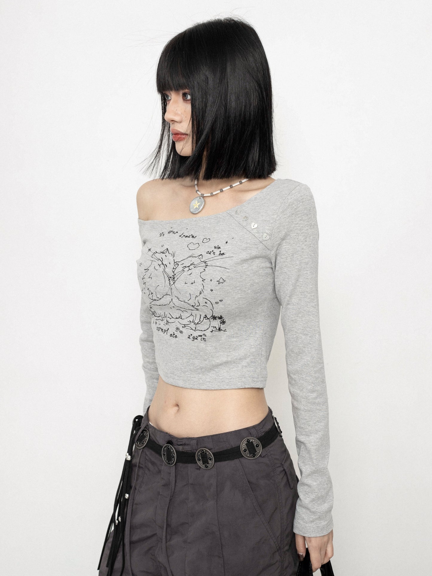 Cat Print Inner Long-Sleeved T-Shirt