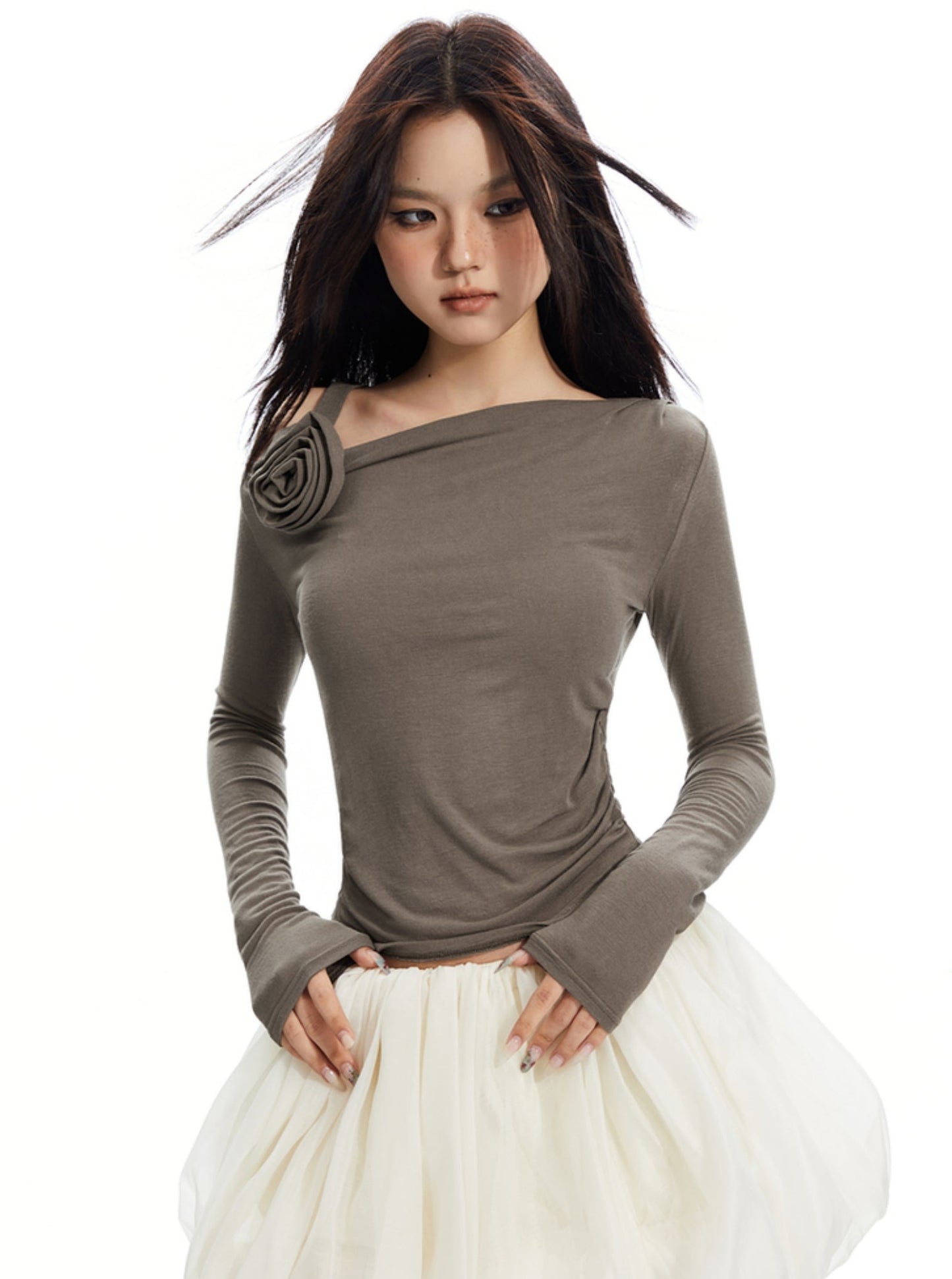 Slanted Shoulder Pleated Top