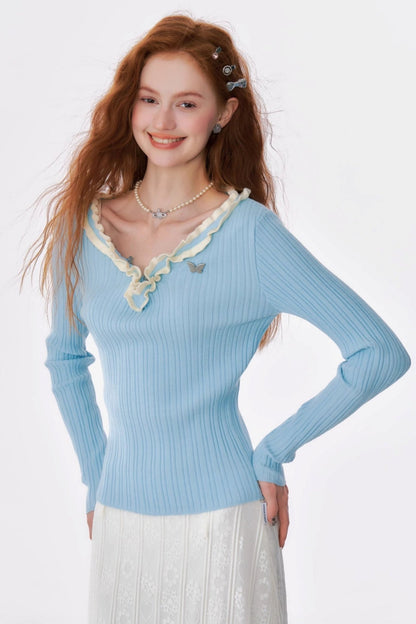 Retro Lace V-Neck Slim Knitted Top