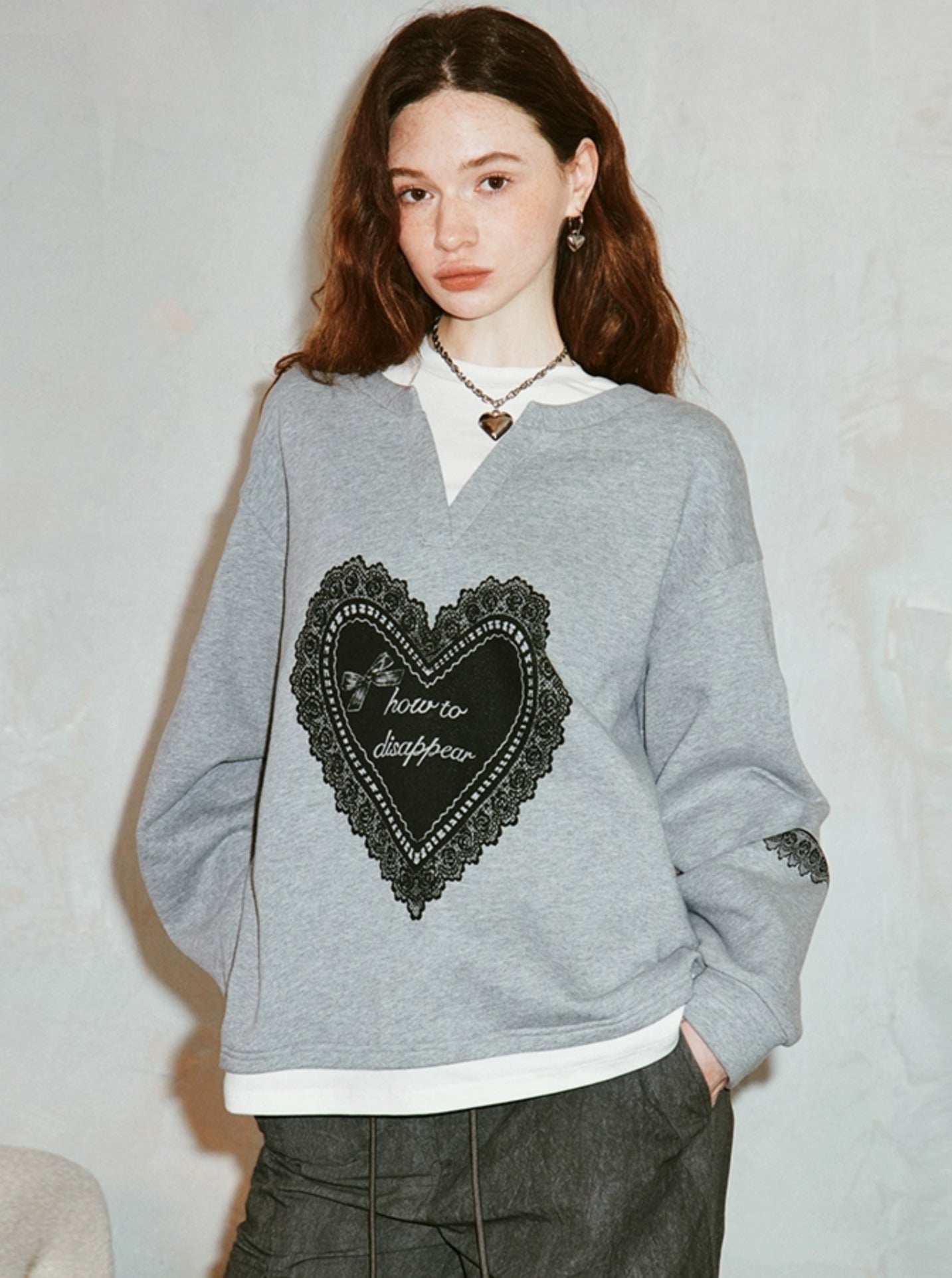 Lace Heart Print Loose Slouchy Top