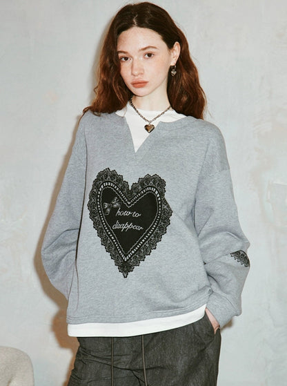 Lace Heart Print Loose Slouchy Top