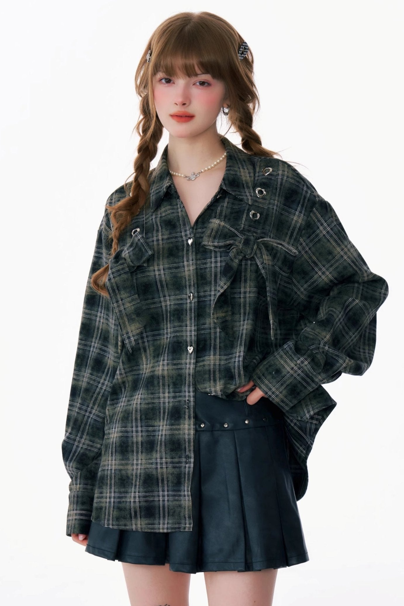 Retro Bow Plaid Brushed Shirt