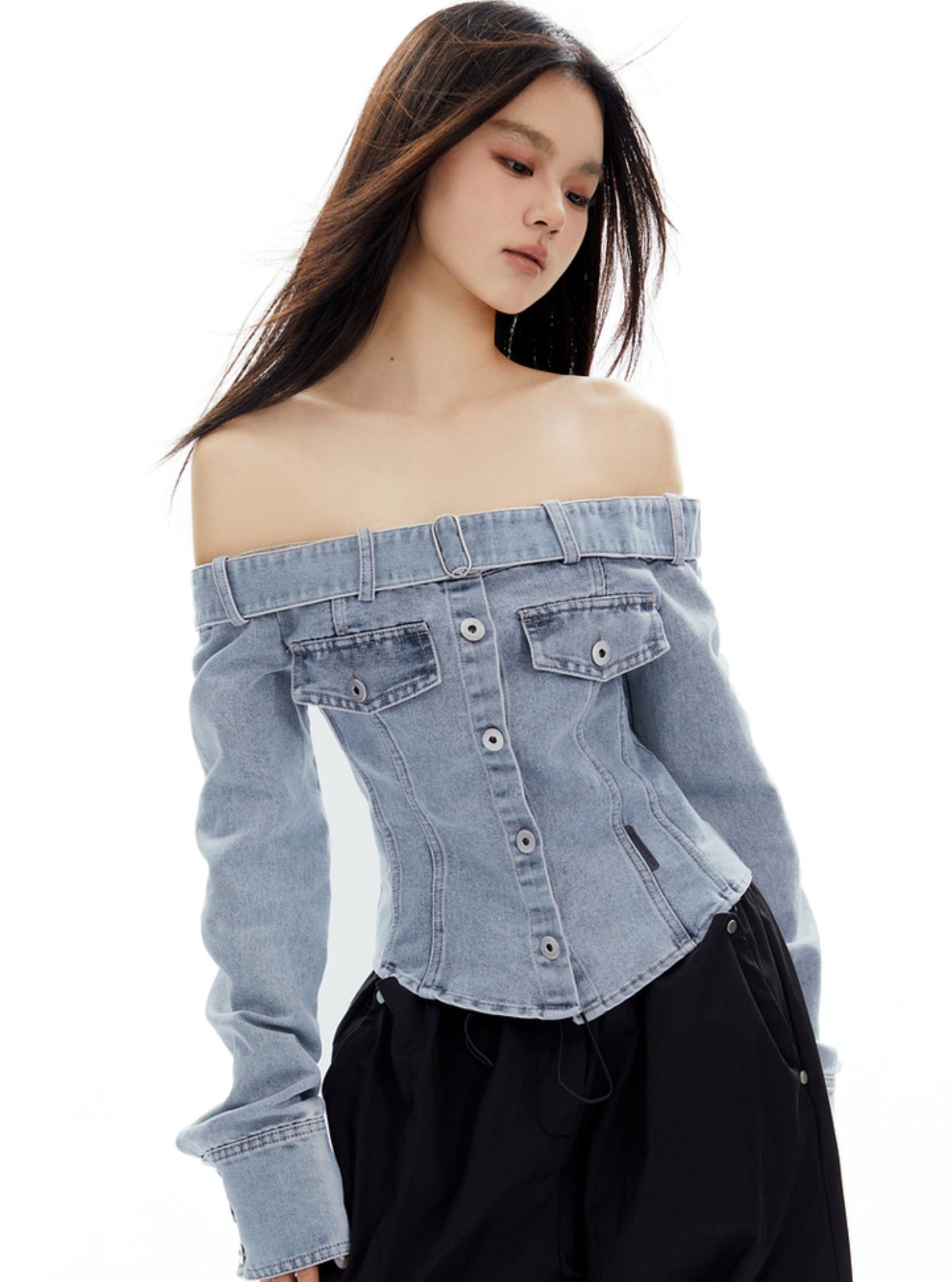 Hottie Straight Shoulder Denim Top