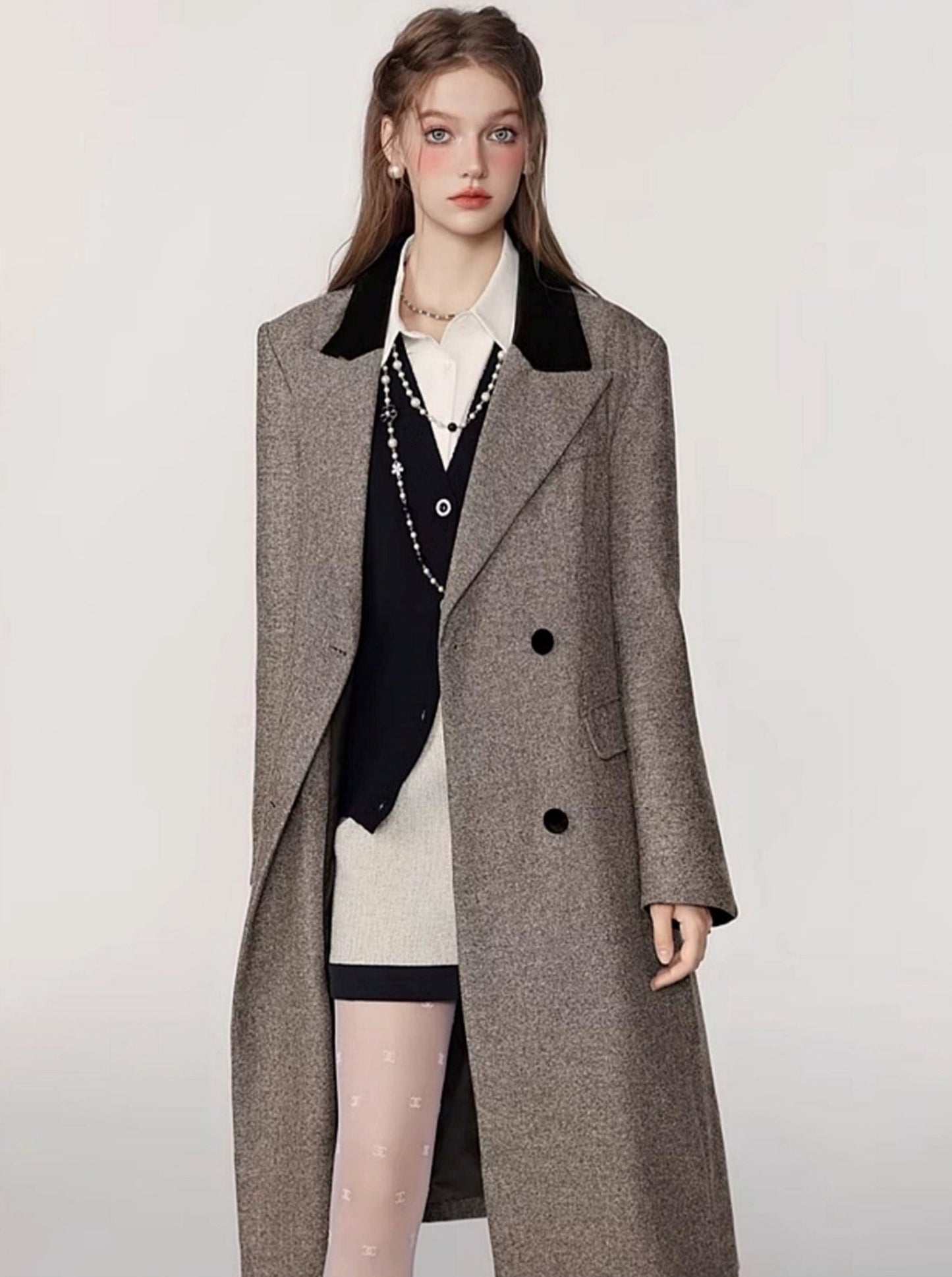 Spliced herringbone midi tweed coat