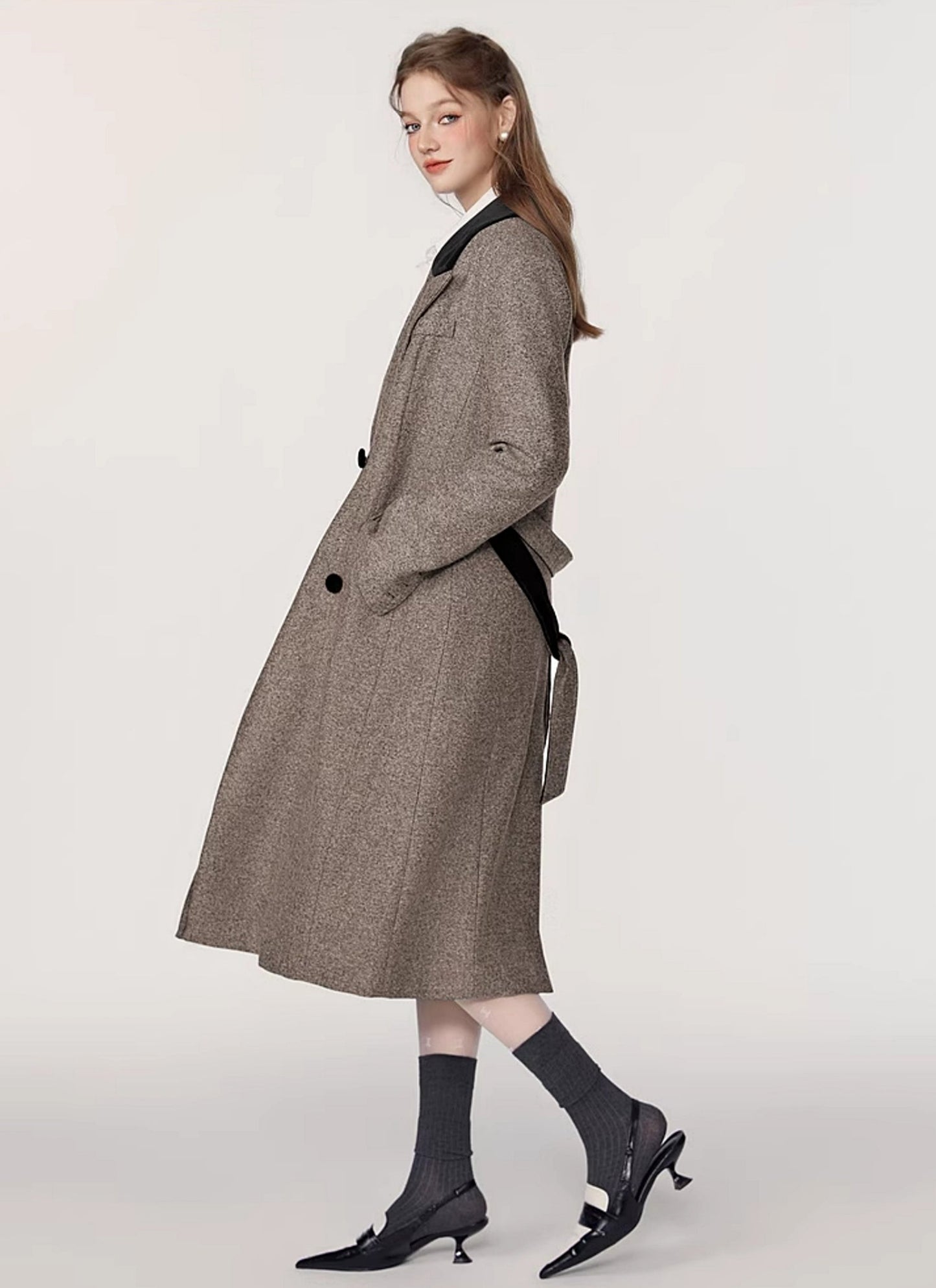 Spliced herringbone midi tweed coat