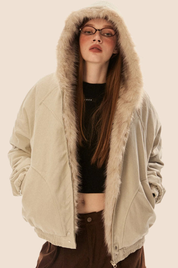 Flauschige Kragen Kapuzenjacke mit Füllung 