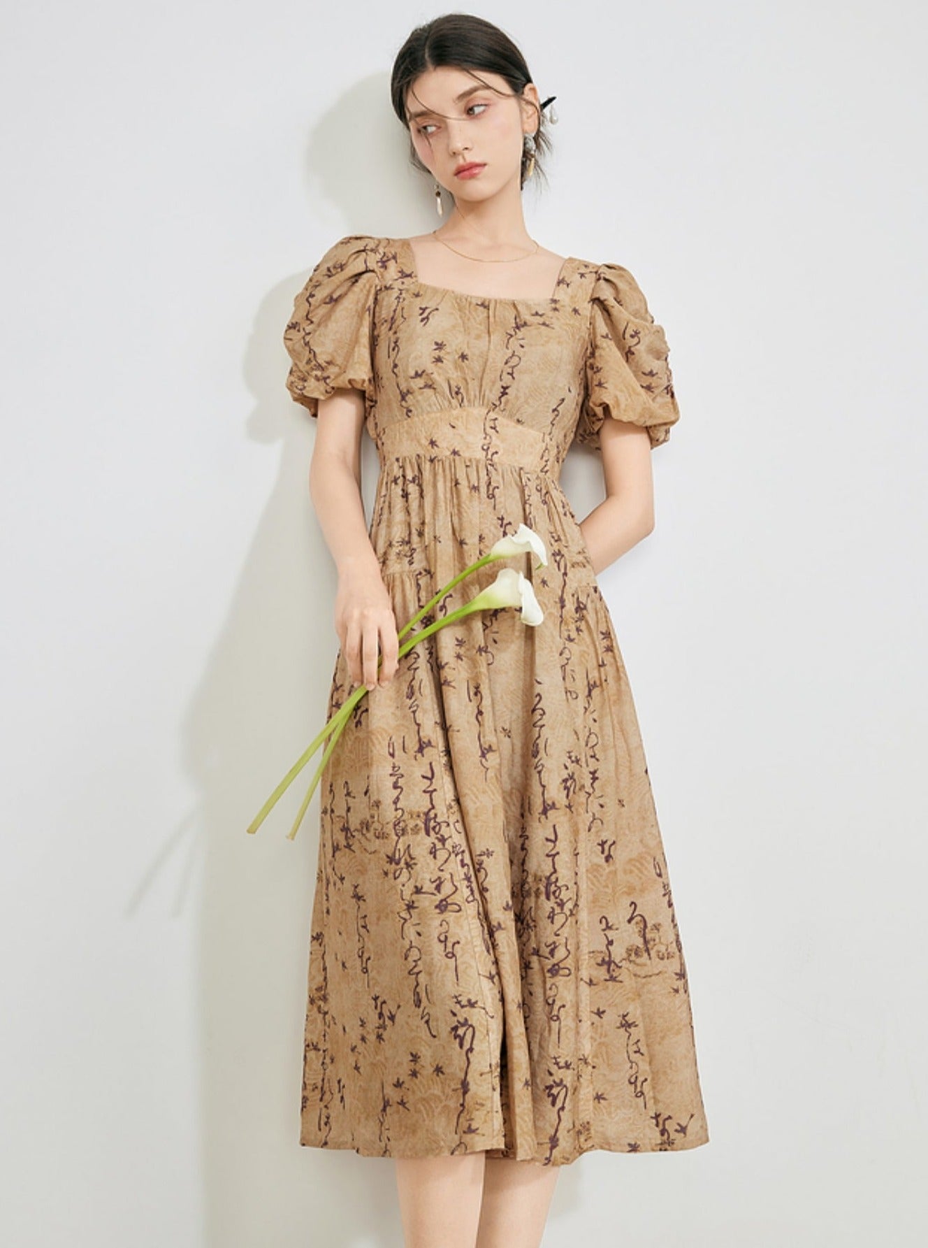 Neck Puff Sleeve Floral Dress