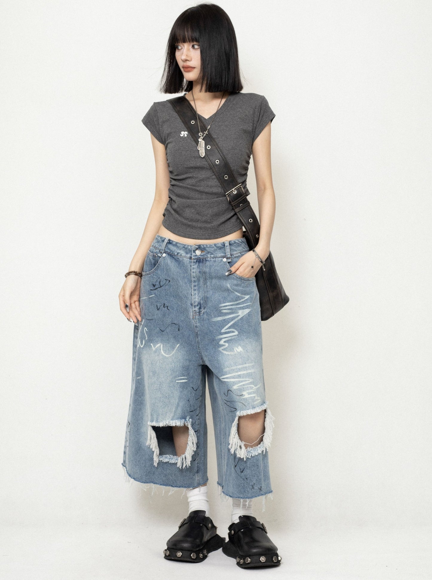 Ripped Denim Cropped Pants