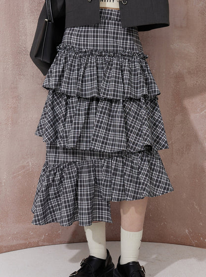 Irregular Ruffle Plaid Skirt