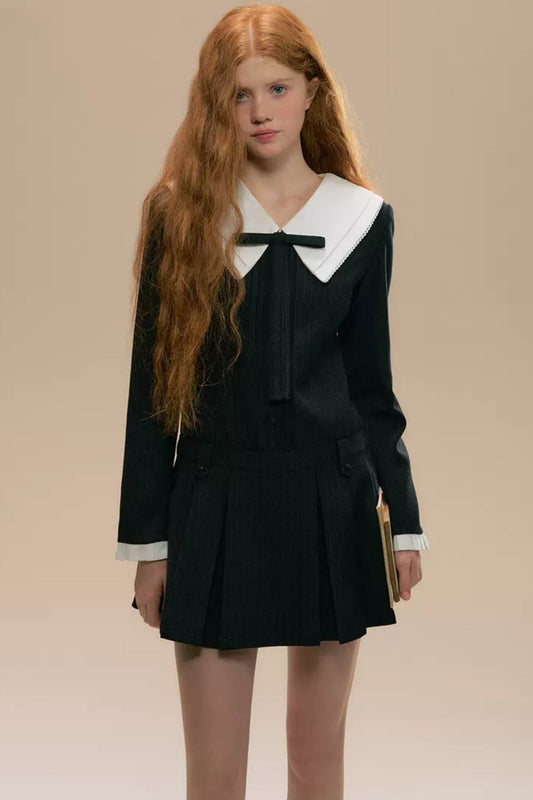 [Limited Stock] SunsetPark Sunset Park doll collar dark grey college pleated dress