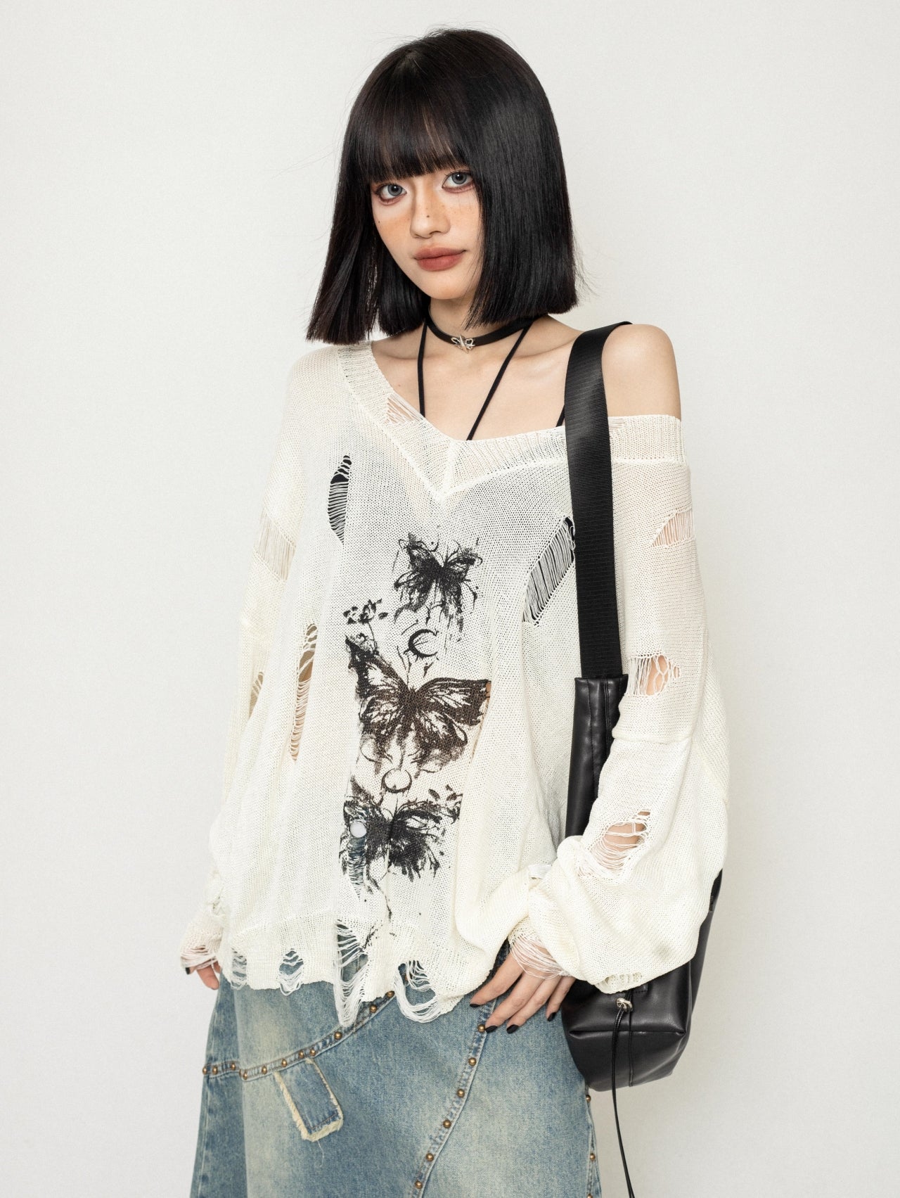 Mesh Cut-Out Butterfly Sweater Top