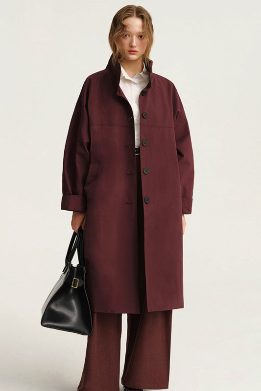 Stand Collar Cotton Blend Trench Coat