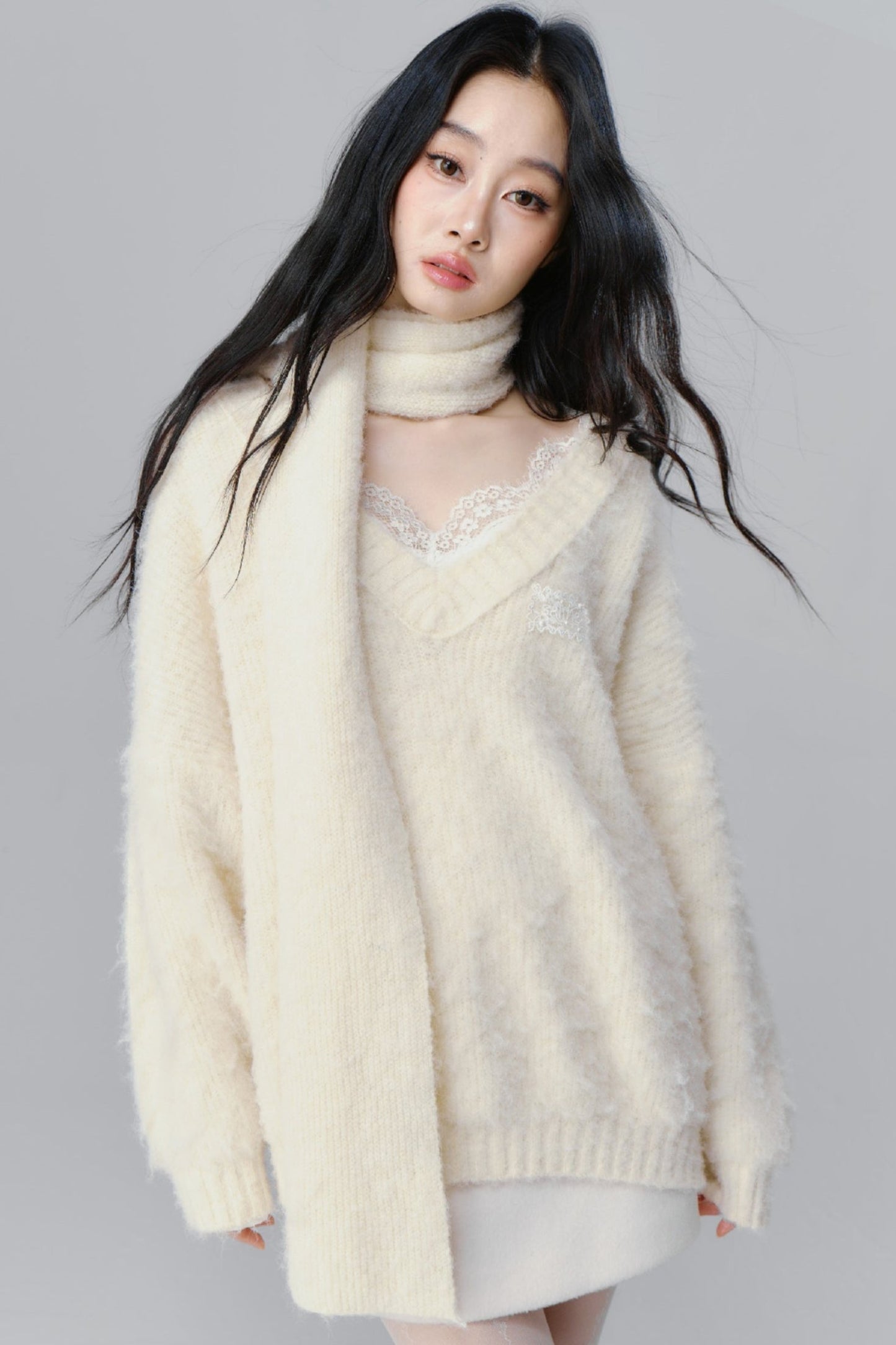 Mist Girl Lace V-Neck Knit Sweater