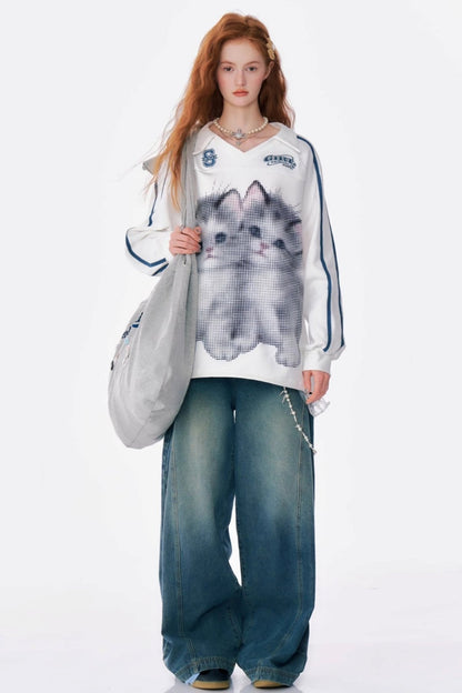 Cat Print Loose V-Neck Sweatshirt