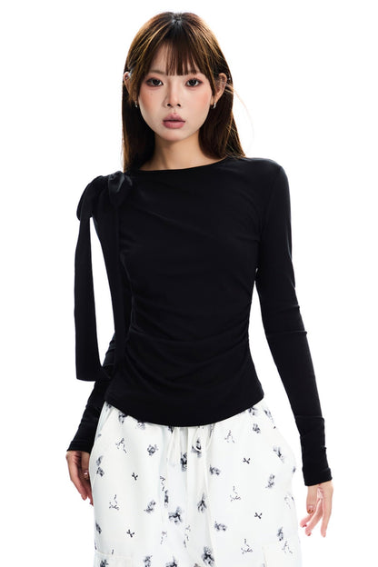 [New on September 19] APEA round neck trim top Cozyfit asymmetric bow long-sleeved base layer