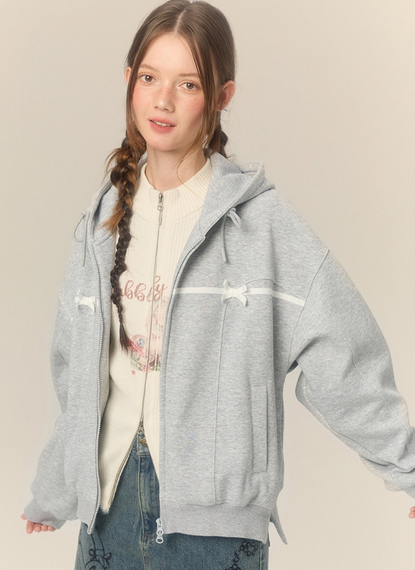 Bow hooded cardigan sweatshirt