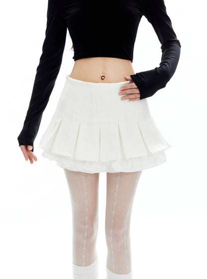 Retro Contrast Fake Two Pleated Skirt