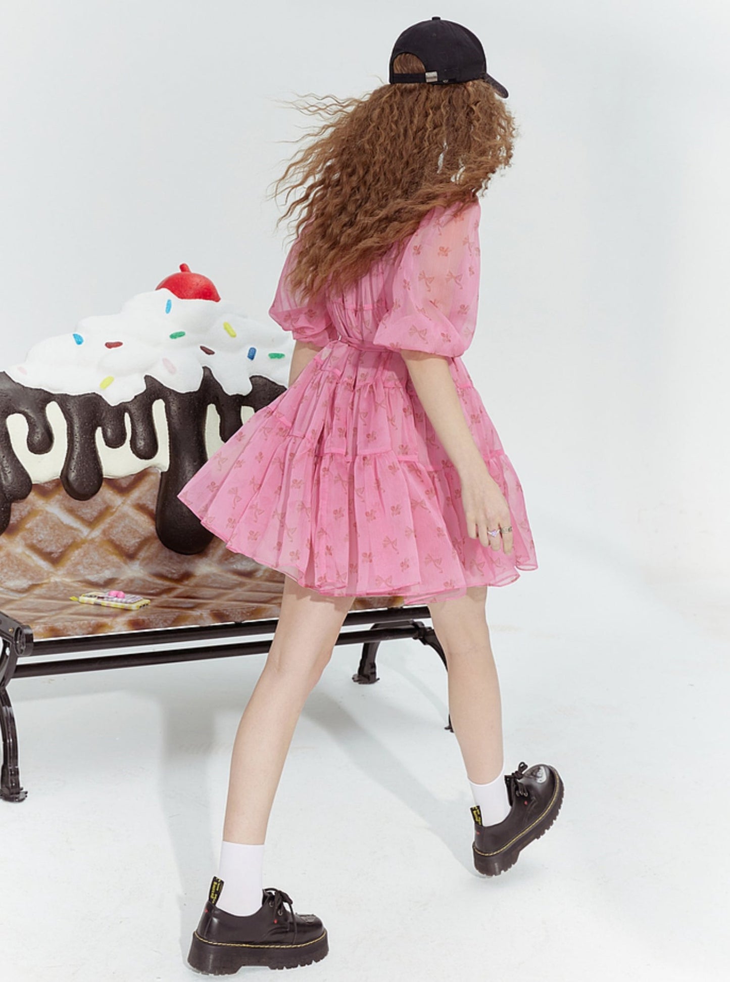 Pink Bow Print Chiffon Dress