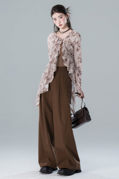 Ruched Brown Wide-Leg Trousers