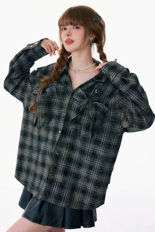 Retro Bow Plaid Brushed Shirt